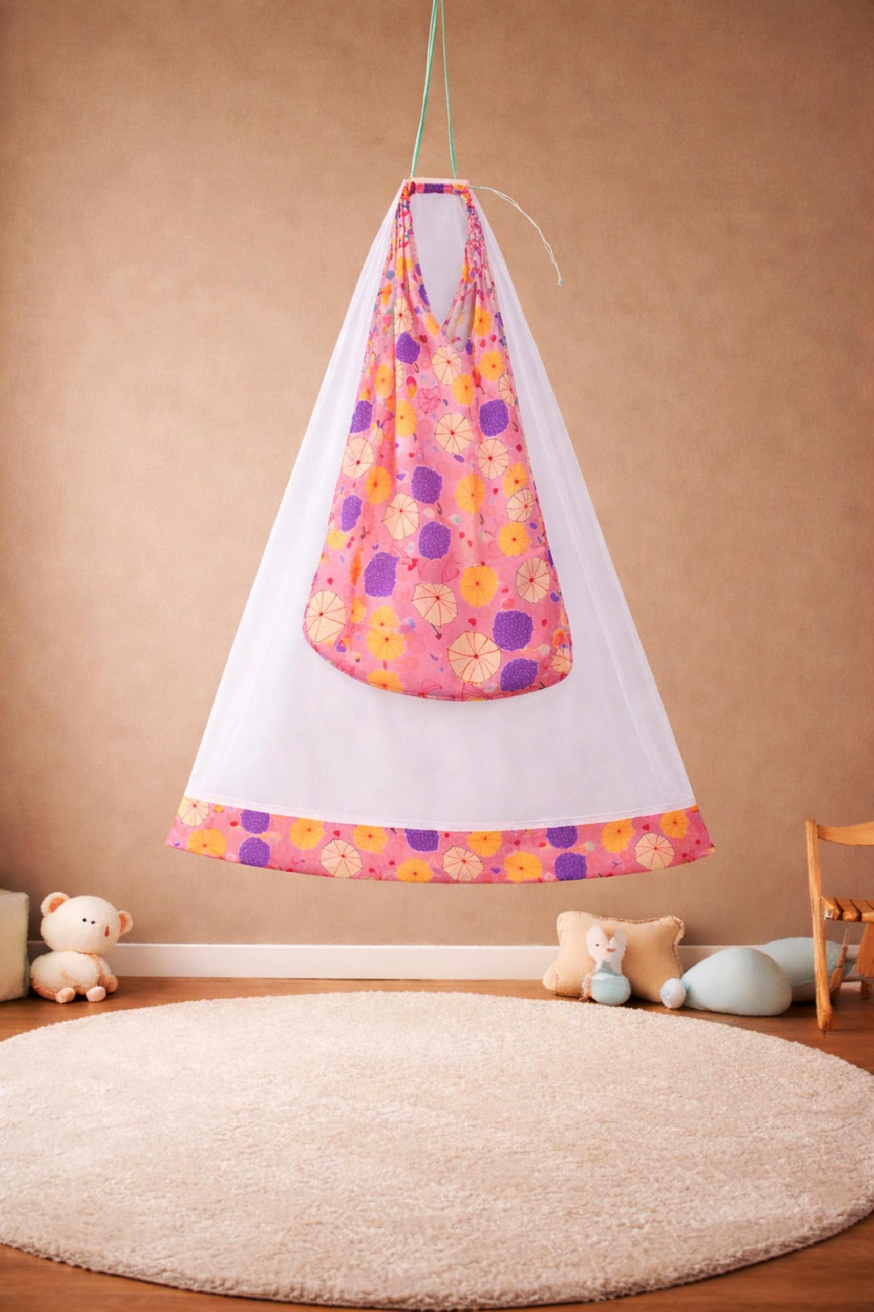 Cradle Mosquito Net with Side Zip Opening | Hanging Baby Cradle Mosquito Net |Thottil| Kosuvalai for Baby - Umbrella Print (White -Pink)-image-15