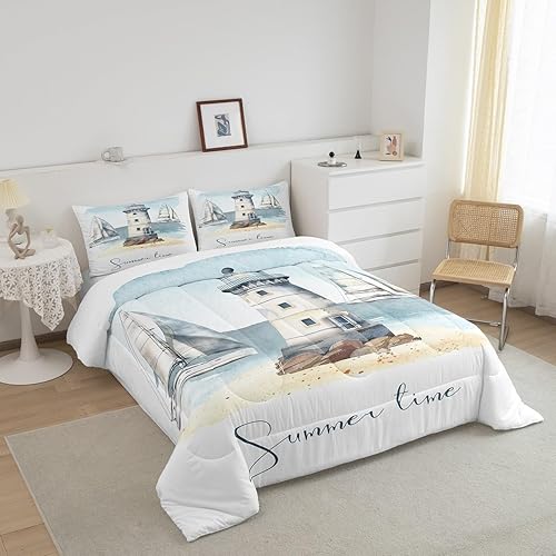 Miniatura 2 de Edredón náutico, velero, faro, acuarela, juegos de ropa de cama y colecciones con temática oceánica, edredón de plumón de playa de verano, tamaño