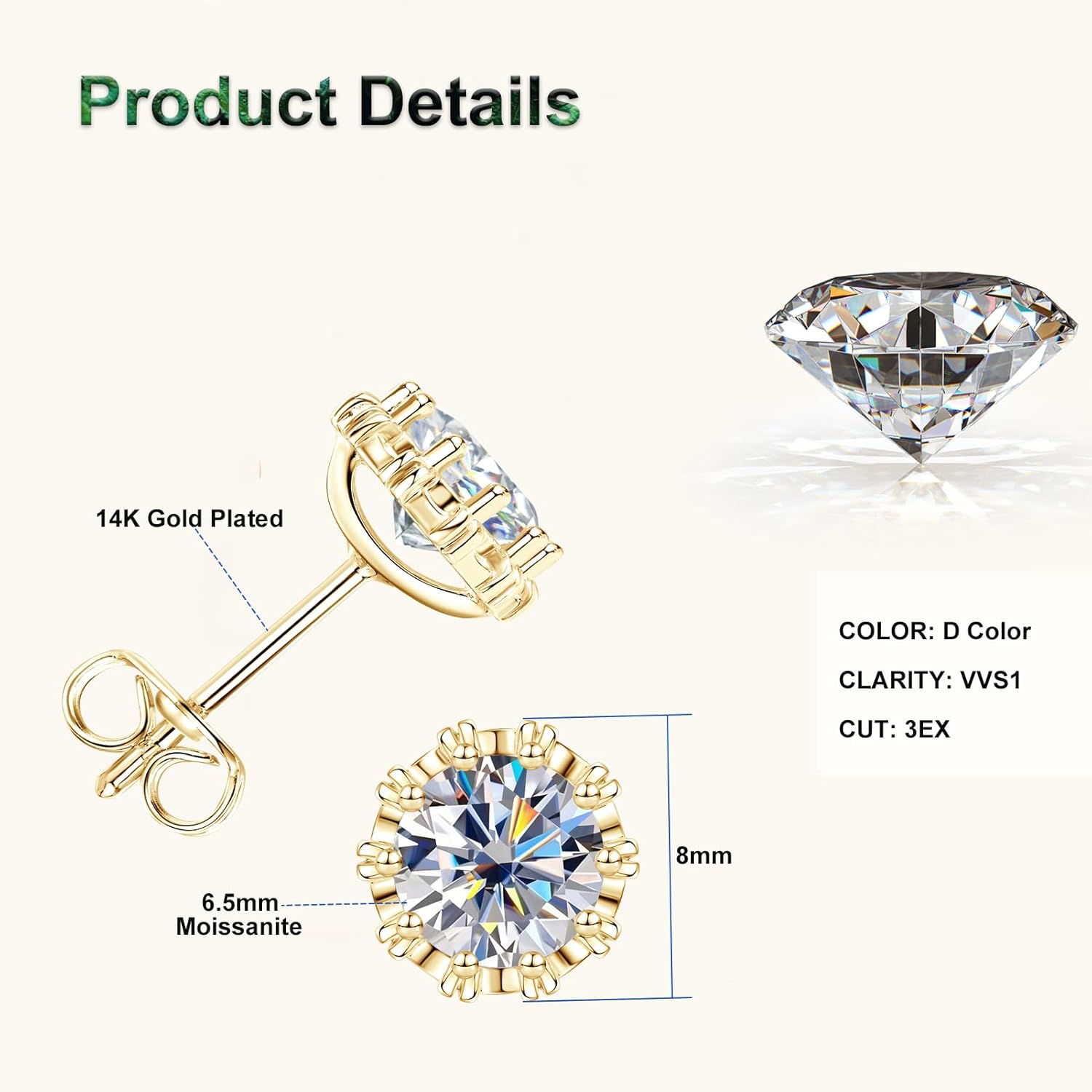 1CT Moissanite Stud Earrings, D Color VVS1 Lab Created Imitation Diamond 14K Gold Plated Earrings for Men or Women Birthday Holiday Jewelry Gifts - Image 4
