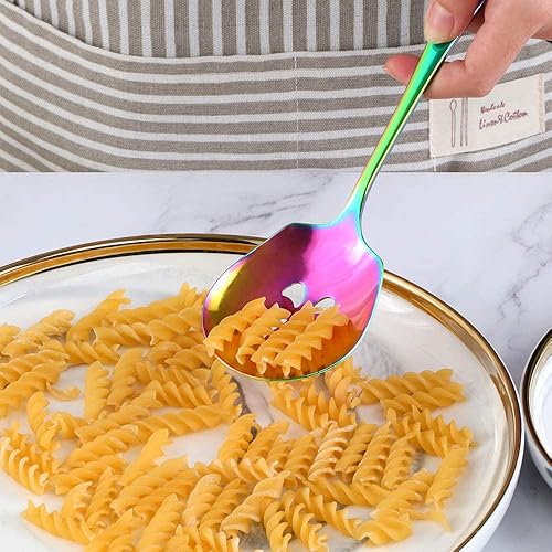 Miniatura 4 de Juego de 2 cucharas grandes para servir, arcoíris, 1 cuchara de sopa y 1 cuchara ranurada, cucharas de servicio de acero inoxidable chapado en
