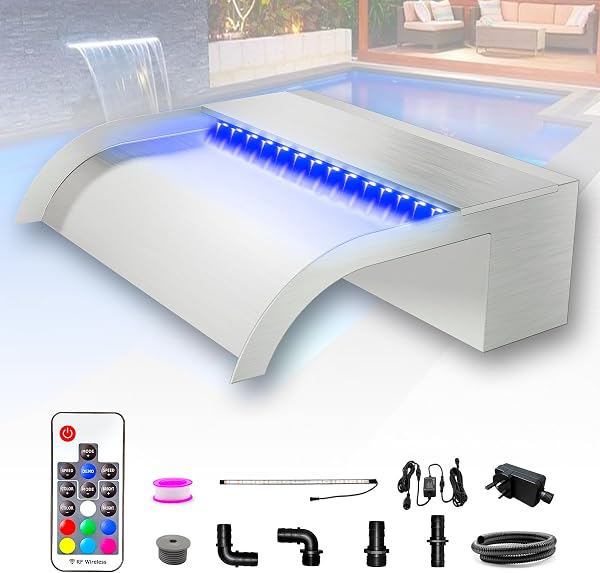 LONGRUN 30cm Teich Wasserfall Klingen Set, 304 Edelstahl Gebogener Wasserfall mit 7 Farben LED und Fernbedienung, Breite 25.5cm - 1