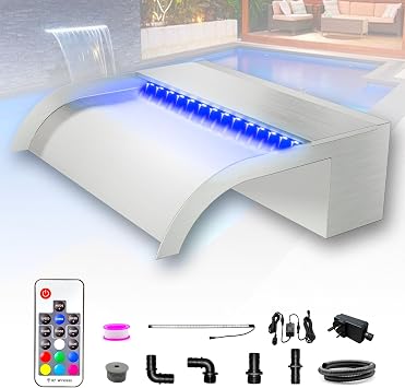 LONGRUN 30cm Pond Waterfall Blade Kit, 304 Stainless Steel Curved Waterfall Feature Spillway, Outdoor Pool Fountain with 7 Colors LED Lights and Remote Control [Energy Class A+]