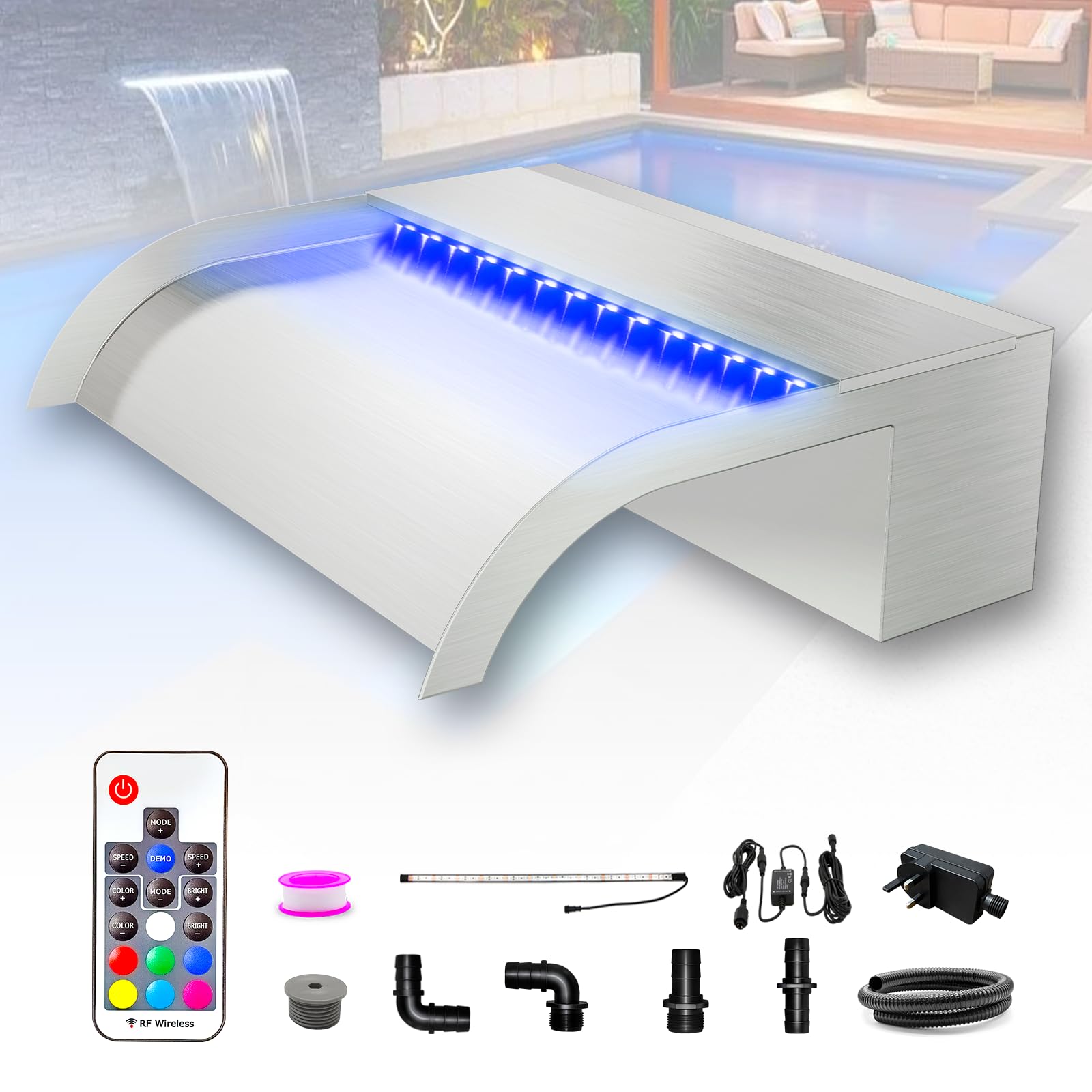 LONGRUN 30cm Pond Waterfall Blade Kit, 304 Stainless Steel Curved Waterfall Feature Spillway, Outdoor Pool Fountain with 7 Colors LED Lights and Remote Control