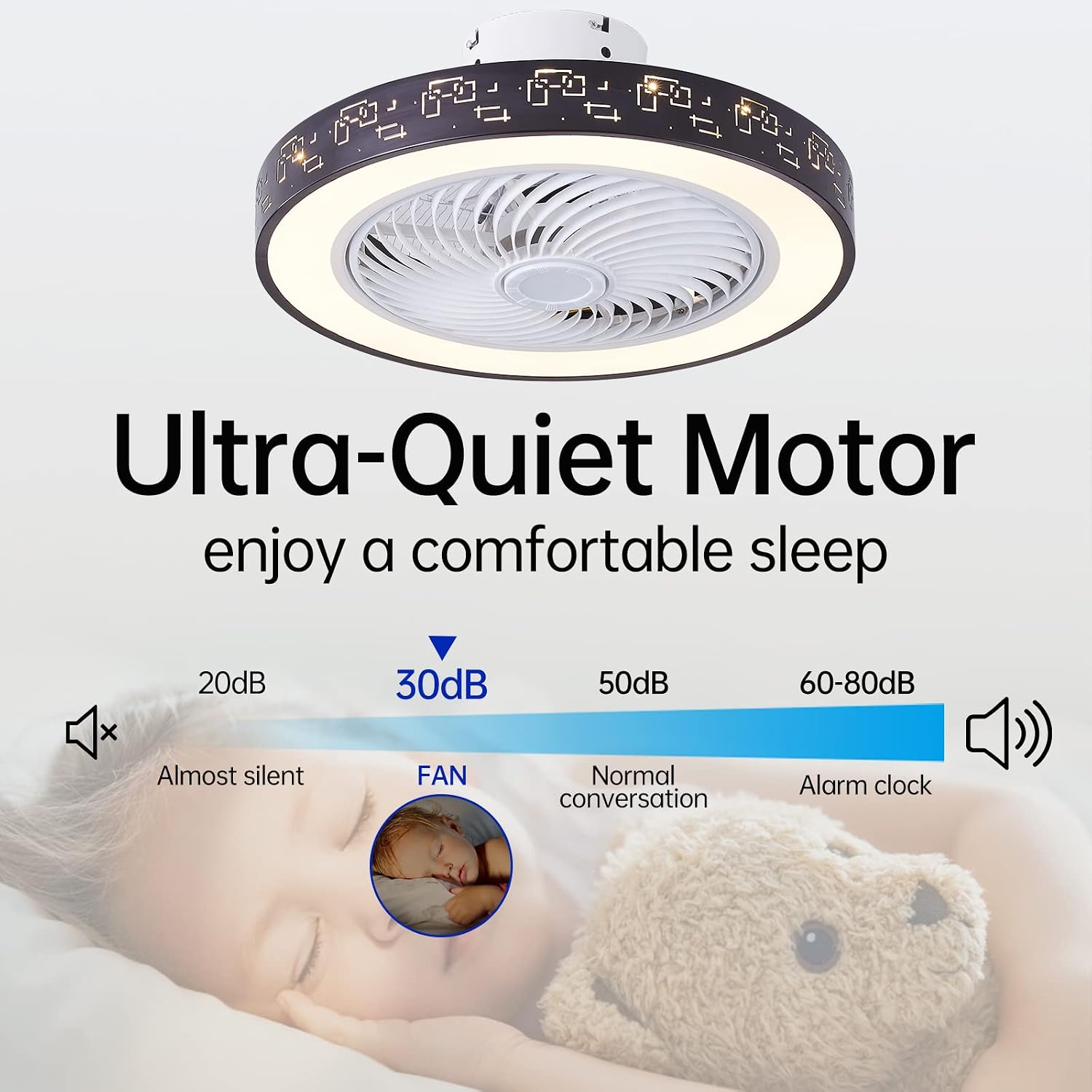 IYUNXI Ceiling Fan with lights, Bladeless ceiling fan Remote Control, Enclosed 72W 3 Color Dimmable Smart Timing Flush Mount Low Profile Ceiling Fans Light 3 Speed Wind Modern Living Room Bedroom