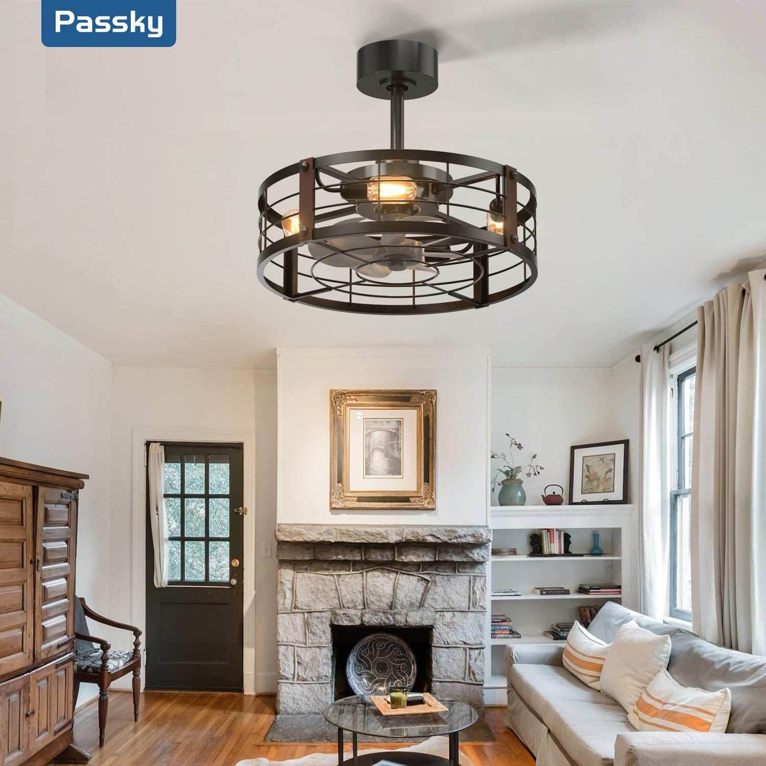 Passky 20 Inch Farmhouse Caged Ceiling Fans with Lights and Remote, Black Downrod Mount Bladeless Fandelier, 6 Speeds Bladeless Ceiling Fan Light for Bedroom, Kitchen, Living Room, Indoor