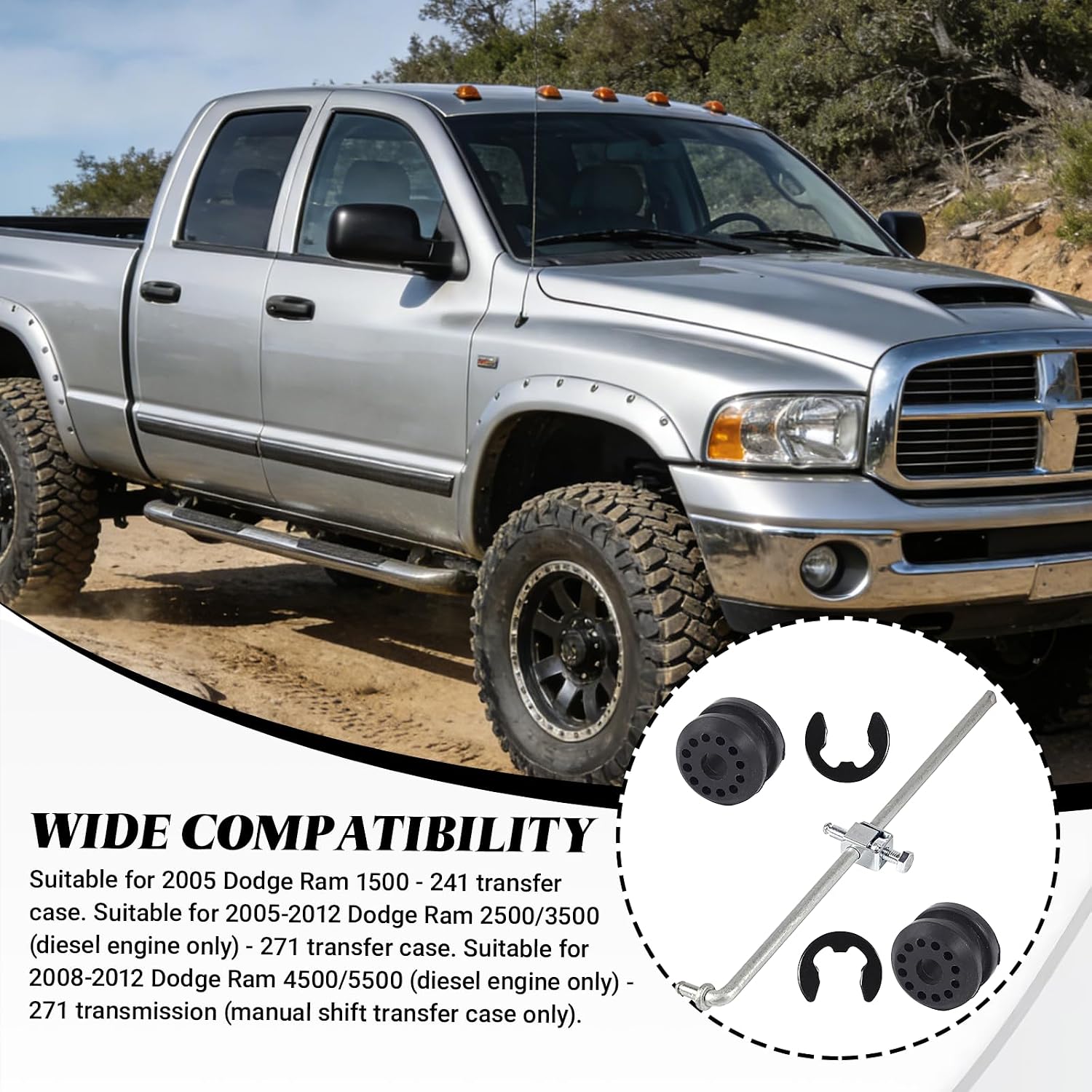 Shift Linkage Bushings Shift 52105555AA Transfer Case Shifter Control Linkage with 2 E-Clips & 68078974AA Grommet Bushing Kit, Control Lever for 2002 2003 2004 2005 Dodge Ram 1500 2500 3500