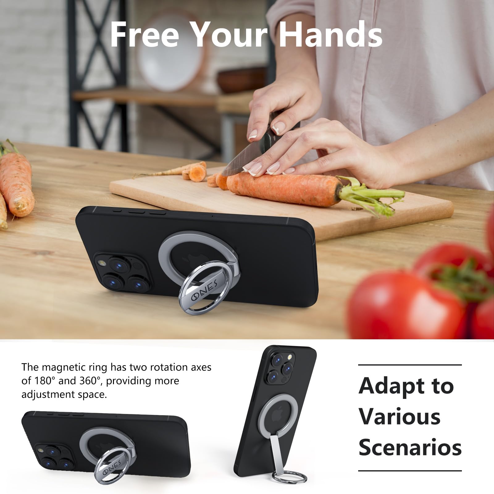 ONES Magnetic Phone Ring Holder for MagSafe Easy Rotation, Multi-Function Kickstand, Durable Silicone Damping - Image 3