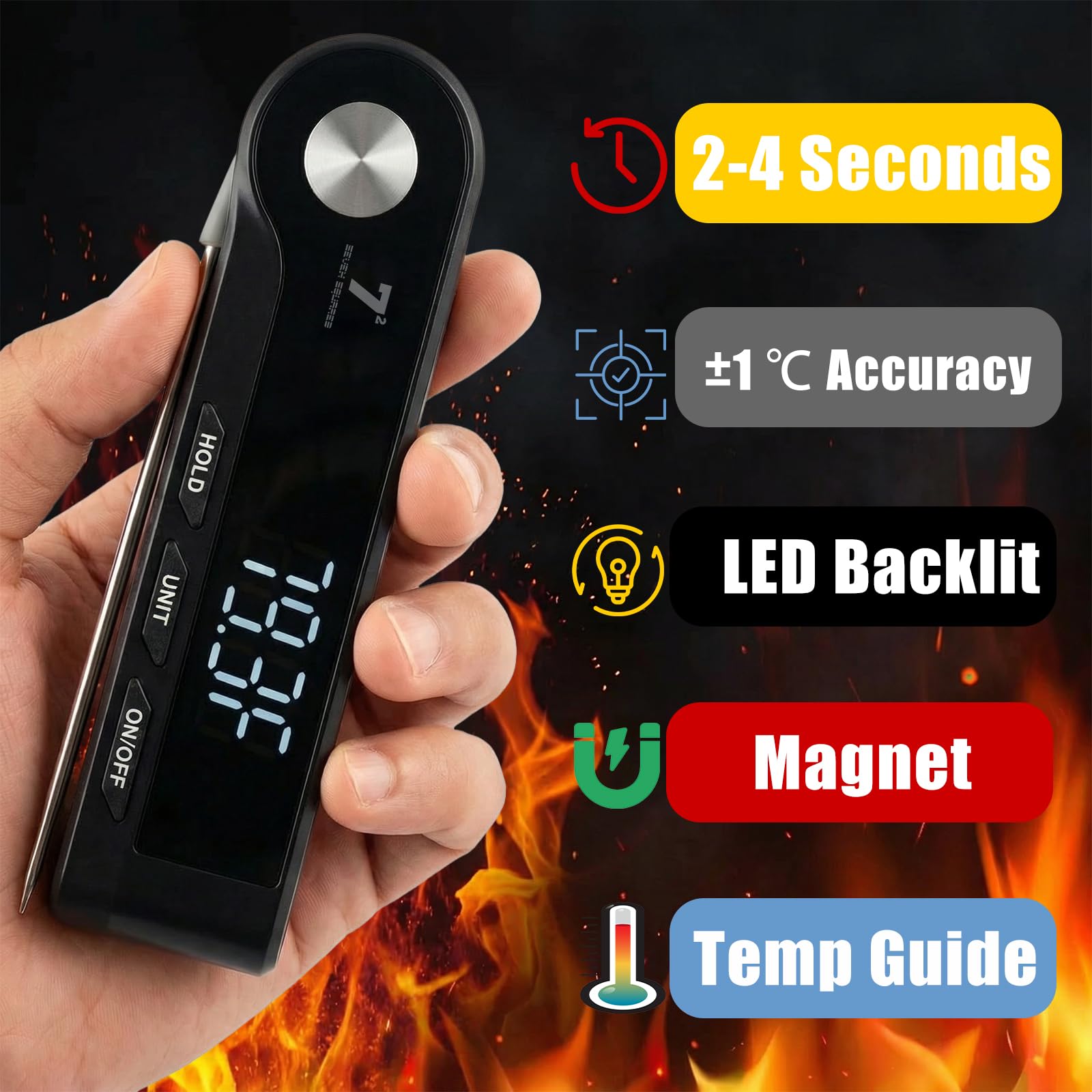 Digitale Küchenwaage mit zwei Funktionen, abnehmbarer LED-Anzeige und integriertem Thermometer, 5 kg, hochpräzise 0,1 g, Edelstahl-Lebensmittelwaage zum Kochen und Backen, Tara-Funktion, 5 Einheiten