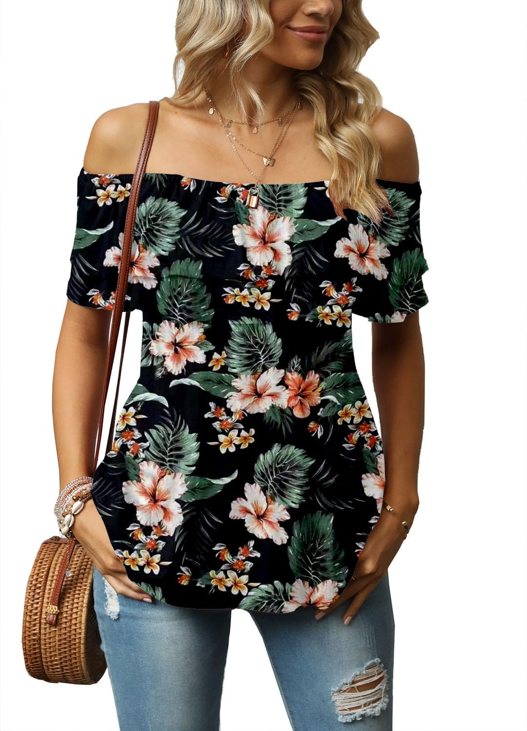 KEEDONE Women's Casual Off Shoulder Ruffle Tops Short Sleeve T Shirts Loose Summer Blouses Shirt