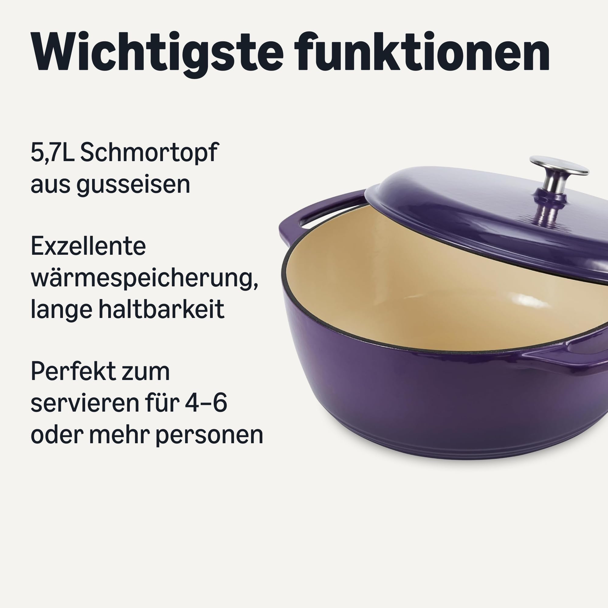 Amazon Basics Schmortopf Rund aus Emailliertem Gusseisen mit Deckel, 5,7 L, Violett