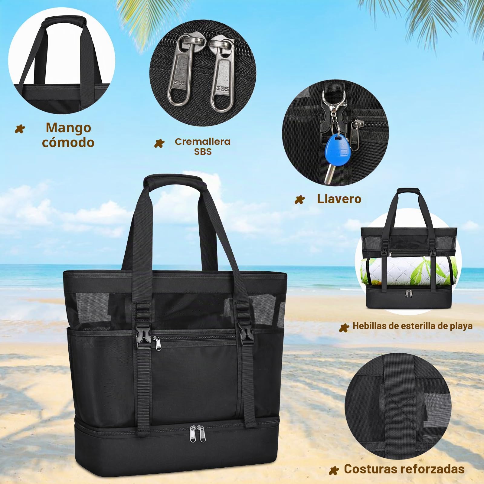 RAINSMORE Bolsa Playa Grande XXL Familiar Bolso Playa Mujer de Malla con Cremallera 42L Impermeable Bolsa Piscina para Viaje Compras Juguetes Negro