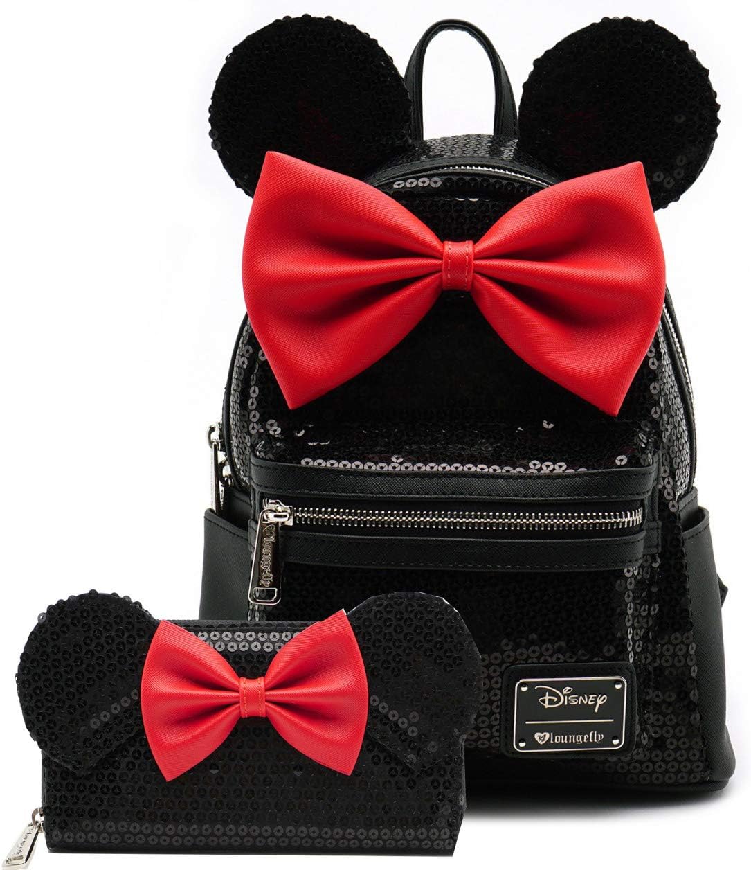 Loungefly Disney Minnie Mouse Sequin Mini Backpack Wallet Set (Black)