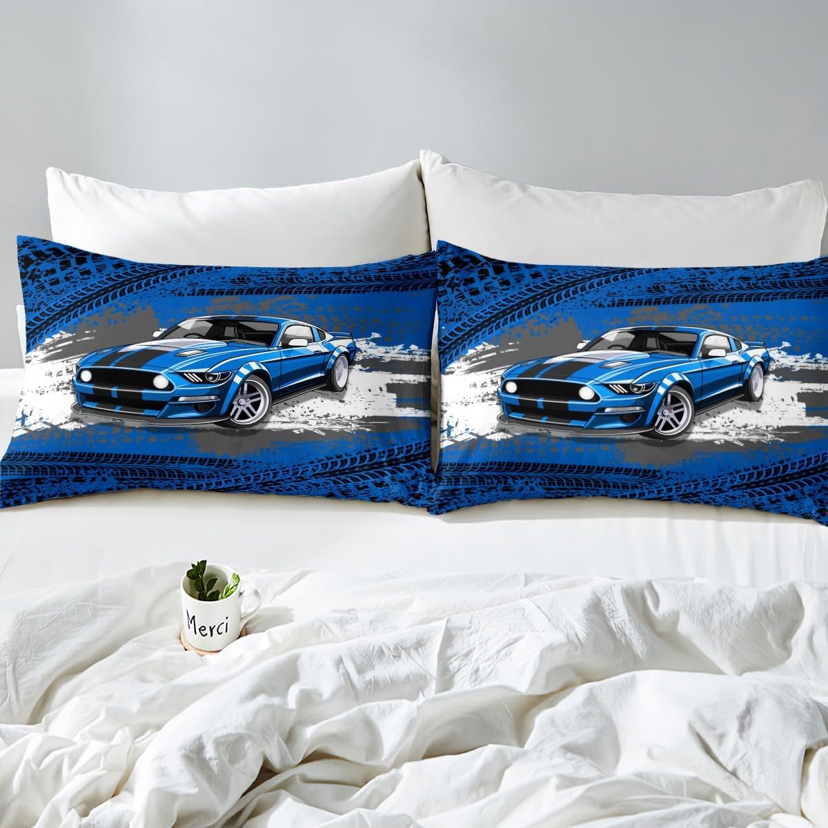 ブルーレースカーエクストリームスポーツフィットシートセット 枕カバー2枚付き、レーシングカートラックベッドシーツティーン、レーシング