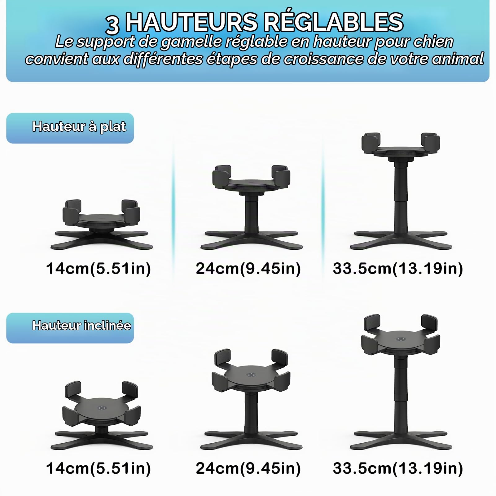 Gamelle Chien Surélevée avec 3 Hauteurs Réglables (14/24/33 cm),Support de Gamelle Inclinable 15° pour Petits, Moyens et Grands Chiens – Largeur Ajustable Universelle,Ergonomique et Stable.