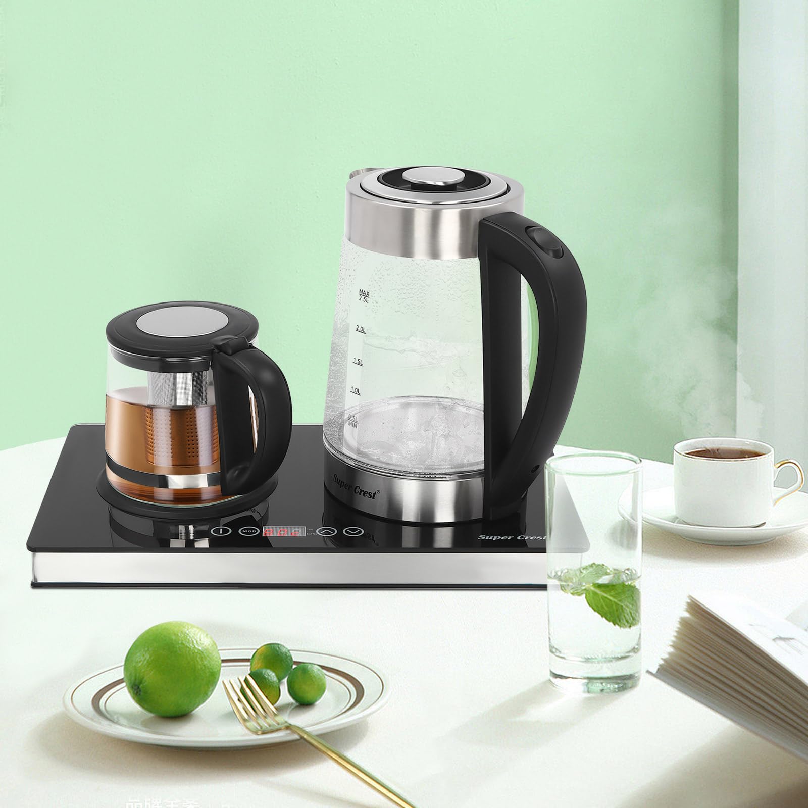 Bollitore elettrico, 2,5 l, 1000 ml, doppio fuoco, in acciaio inox, vetro e plastica, filtro display Lcd, produzione di varie bevande come caffè, tè, ufficio, hotel, appartamenti, famiglie, nero