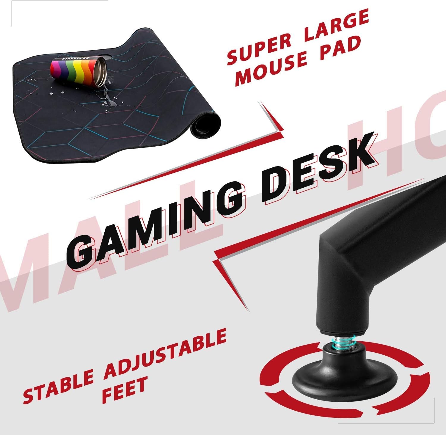 Homall 60 Inch Computer Gamer Desk with Full Desk Mouse Pad, Carbon Fiber Surface PC Table Adjustable Height, Gaming Rack, Headphone Hook and Cup Holder(Black)