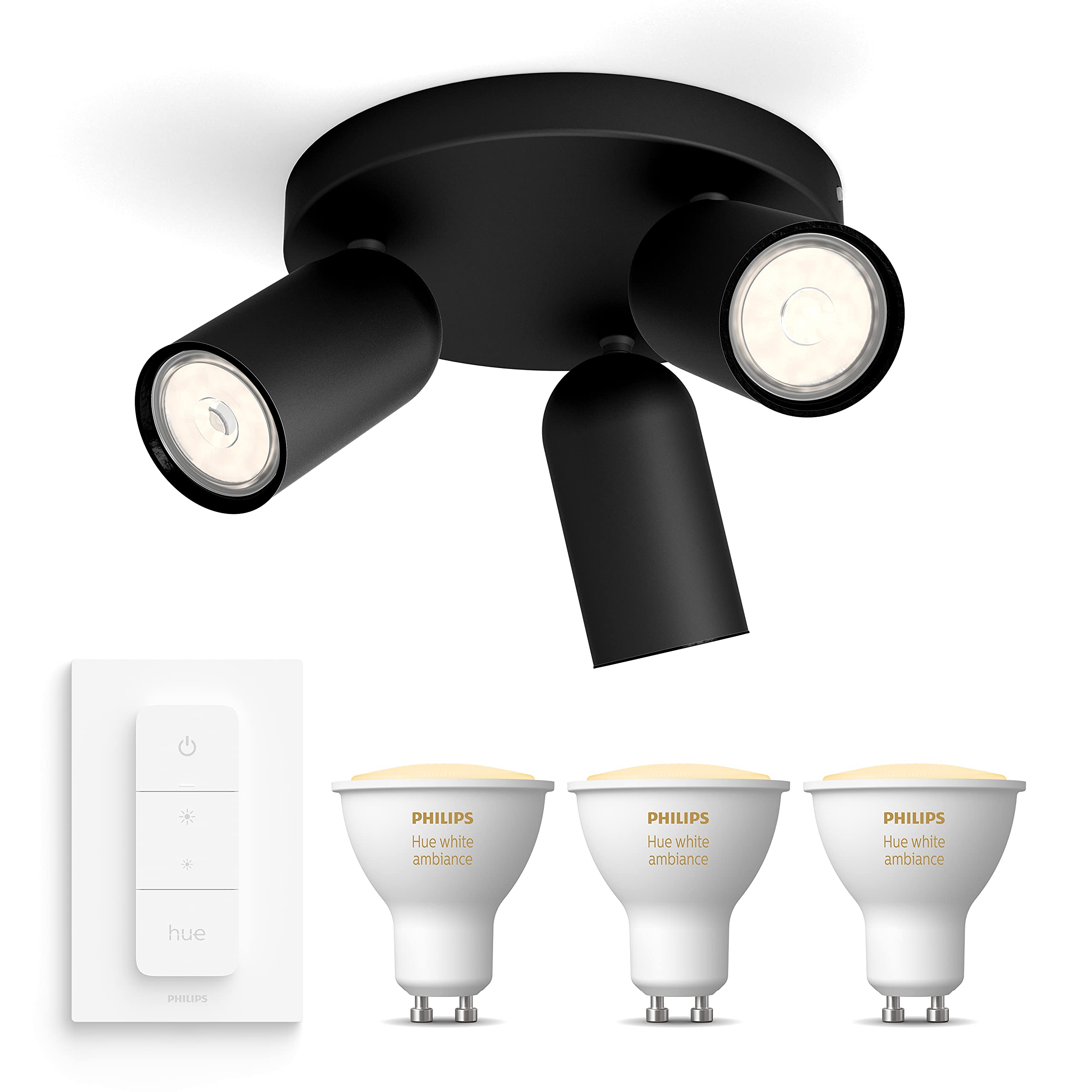 Philips Hue Pongee Aufbaustrahler (Schwarz) - Warm bis Kaltweißes Licht - inkl. Hue Dimmschalter - Deckenstrahler 3 Flammig - GU10 - Hue White Ambiance