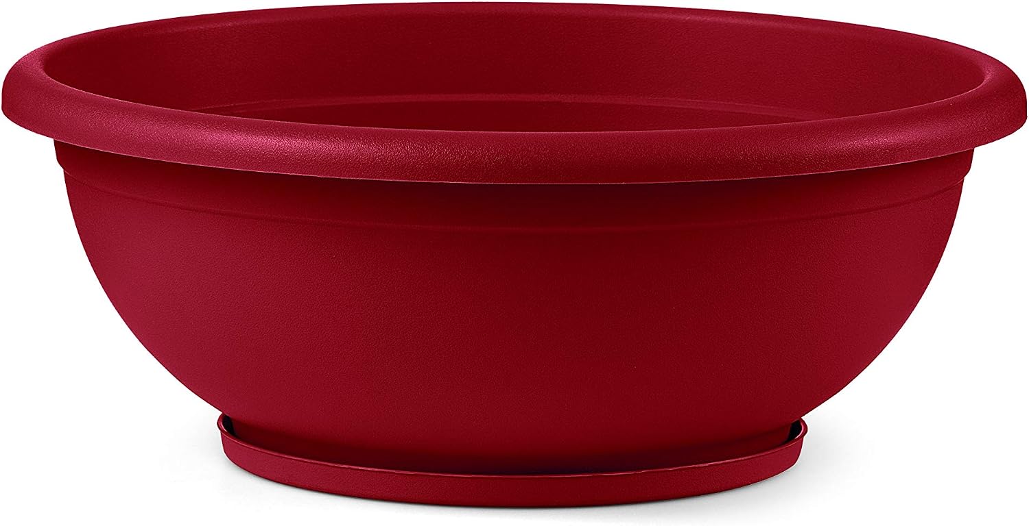 TABOR TOOLS VEN304 Plastic Planter Bowl, Small Garden Bowl with Attached Drainage Tray, for Indoor and Outdoor Use, Round Ø 12 Inch (Color: Dark Red)