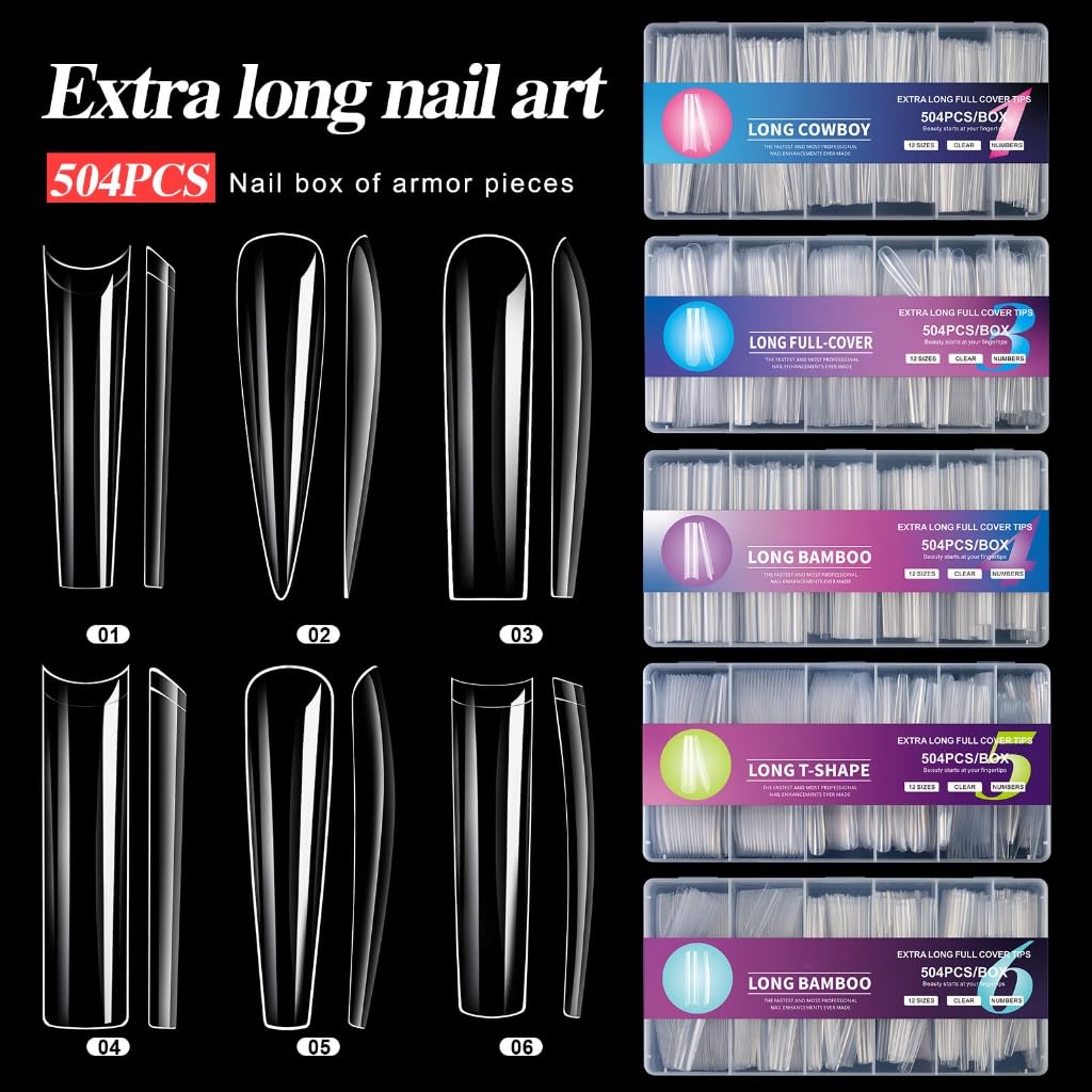 504pcs False Nails For Women Long Coffin Design Easy Apply ABS Artificial Nails Salon Long Curved Tips
