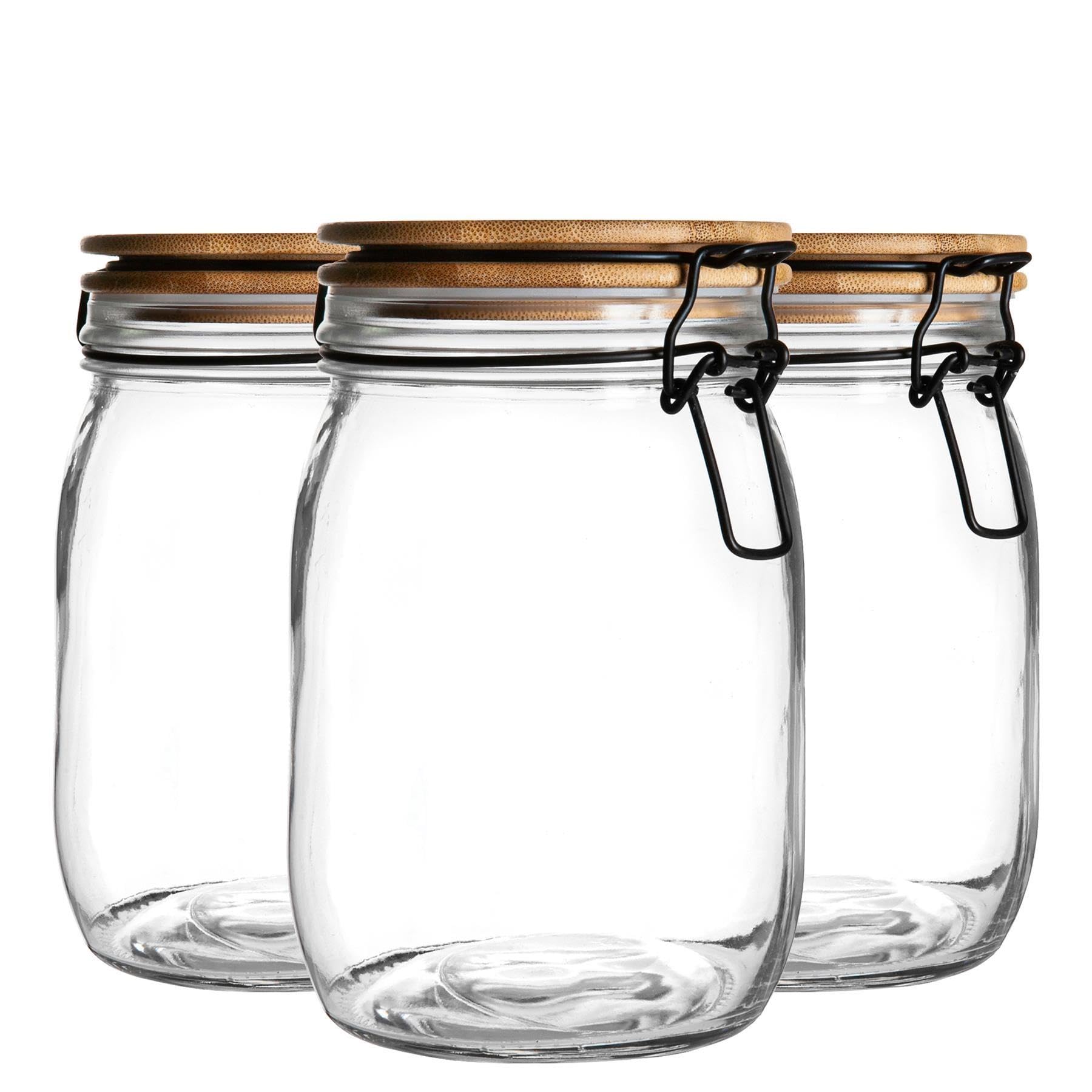 Argon Tableware Transparent Glass Storage Jar With Airtight Wooden Clip Lid - 1000Ml - 6 Pack - Kitchen Container Round Preserving Jar For Pickling, Chutney, Jam, Coffee, Oats