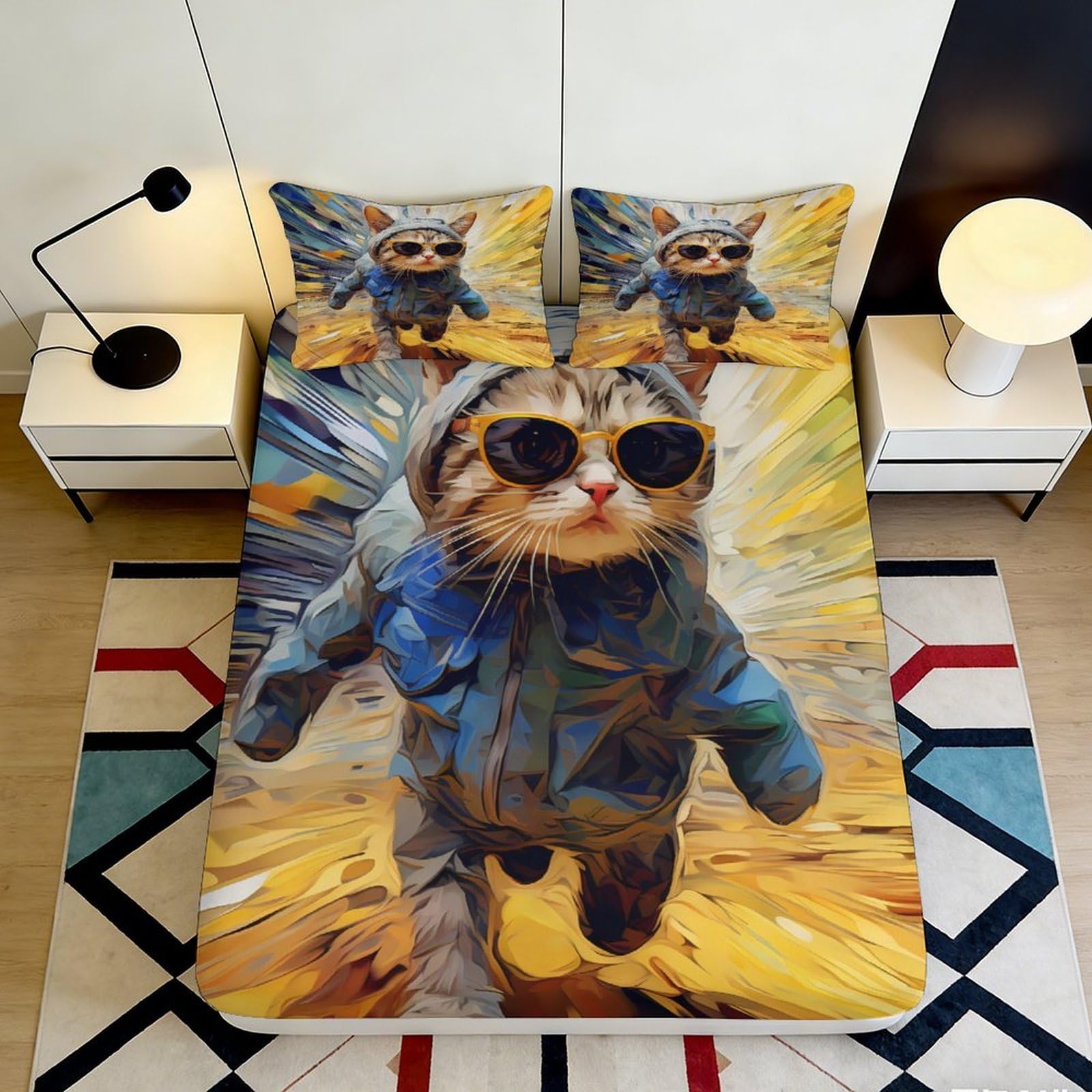 3D Printed Cool Cat Sunglasses Fitted Sheet Microfiber Soft Vibrant Art Bed Sheet for Bedroom Dorm Mattress Cover 90x200x25cm
