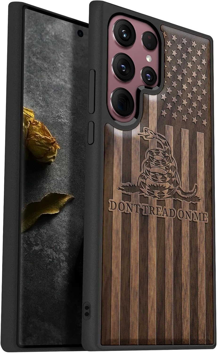 Carveit Wood Case for Galaxy S22 Ultra Case [Natural Wood & Black Soft TPU] Shockproof Protective Cover Unique & Classy Wooden Design Compatible with Samsung S22 Ultra (Gadsden Flag-Walnut)