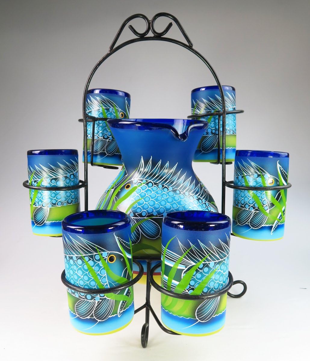 Mexican Glasses and Pitcher set, Hand Blown, Hand Painted, Blue with Fish in the Sea design with display rack