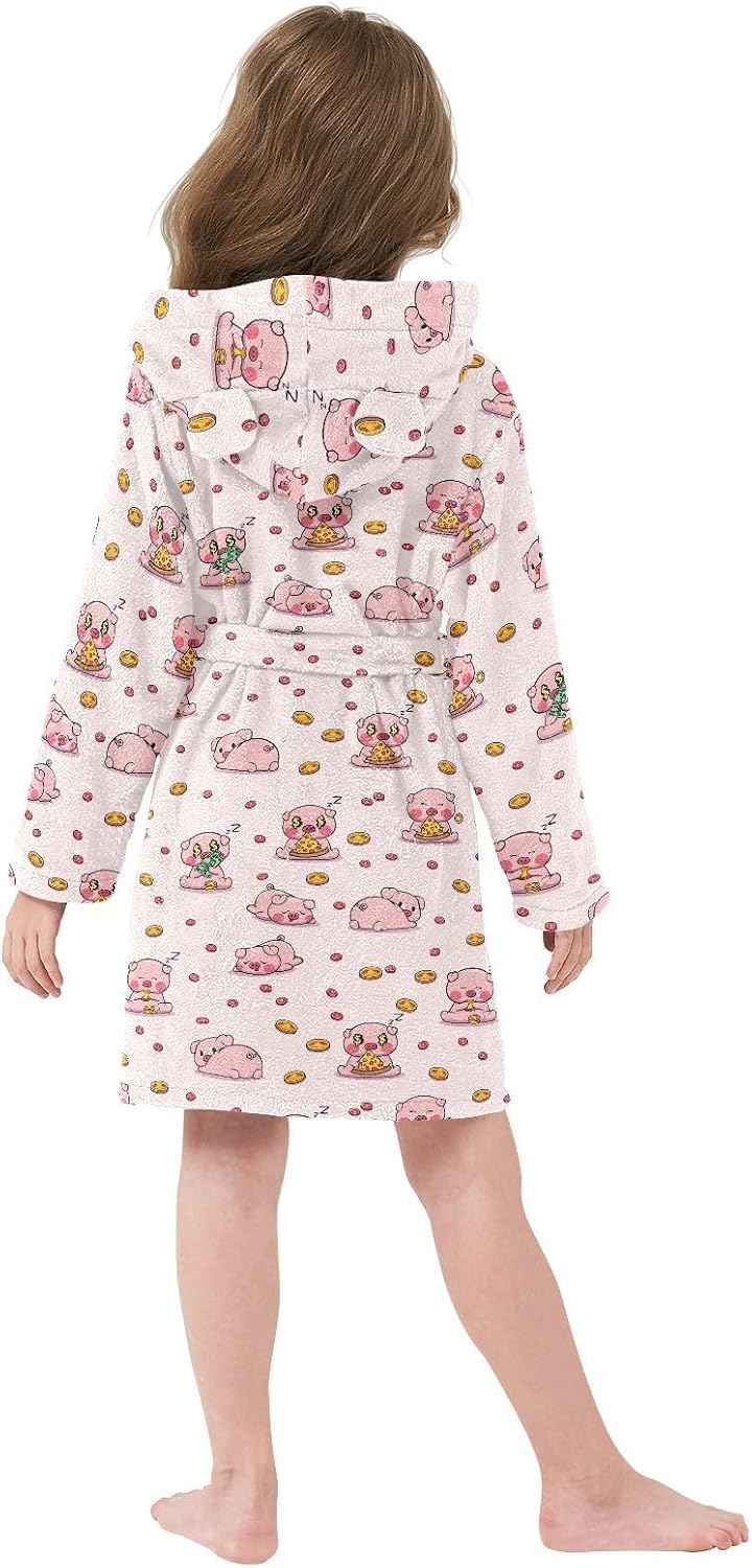 senya Cute Pink Pig Enjoy Life Toddler Hooded Bathrobe Kids Soft Plush Bath Towel Robes for Boys Girls 2-12 Years