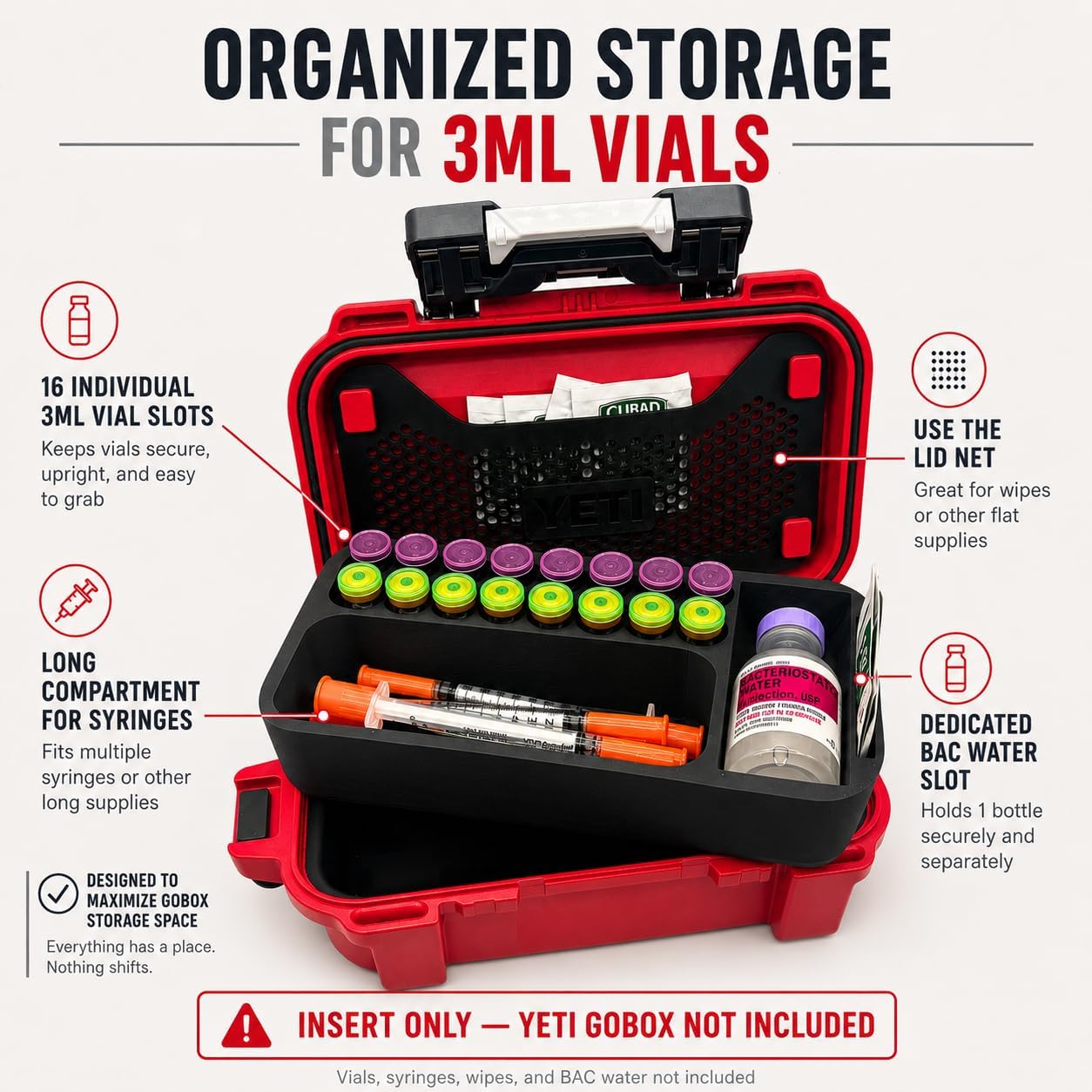 3ml Vial Organizer Insert Compatible with YETI GoBox 1, Holds 16 Vials