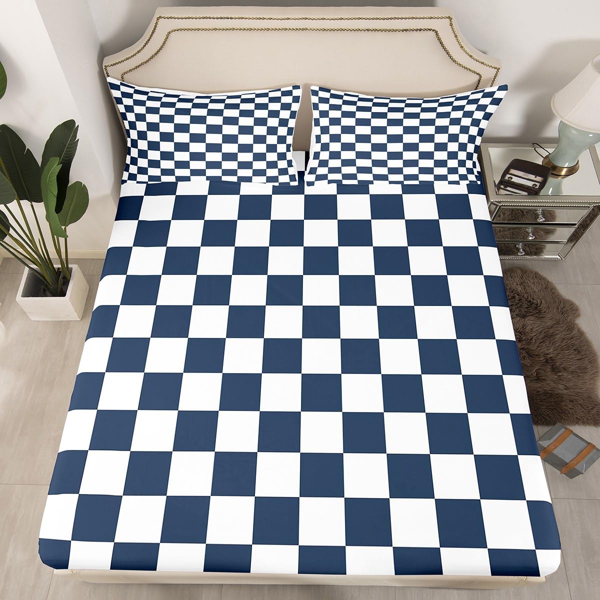 Modern Geometric Plaid Fitted Sheet,Full Size Modern Geometric Plaid Collections,Blue White Grid Bedding Deep Pocket for Children Teens Young with 2 Pillowcases(No Flat Sheet)