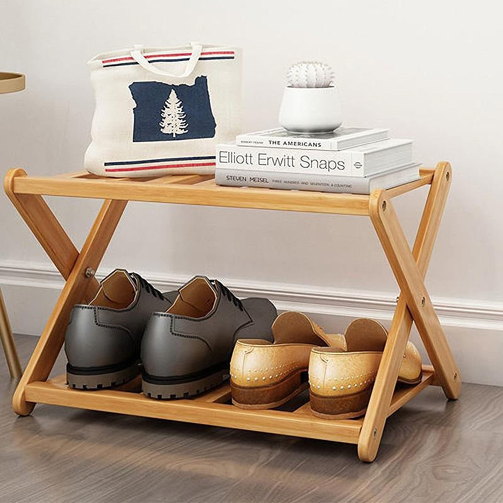 Scarpiera in bambù piccolo spazio, scarpiera a 2 ripiani in legno, robusta e resistente, senza installazione, pieghevole, per ingresso, corridoio, armadio, dormitorio, 40 kg (40 x 25 x 22 cm)