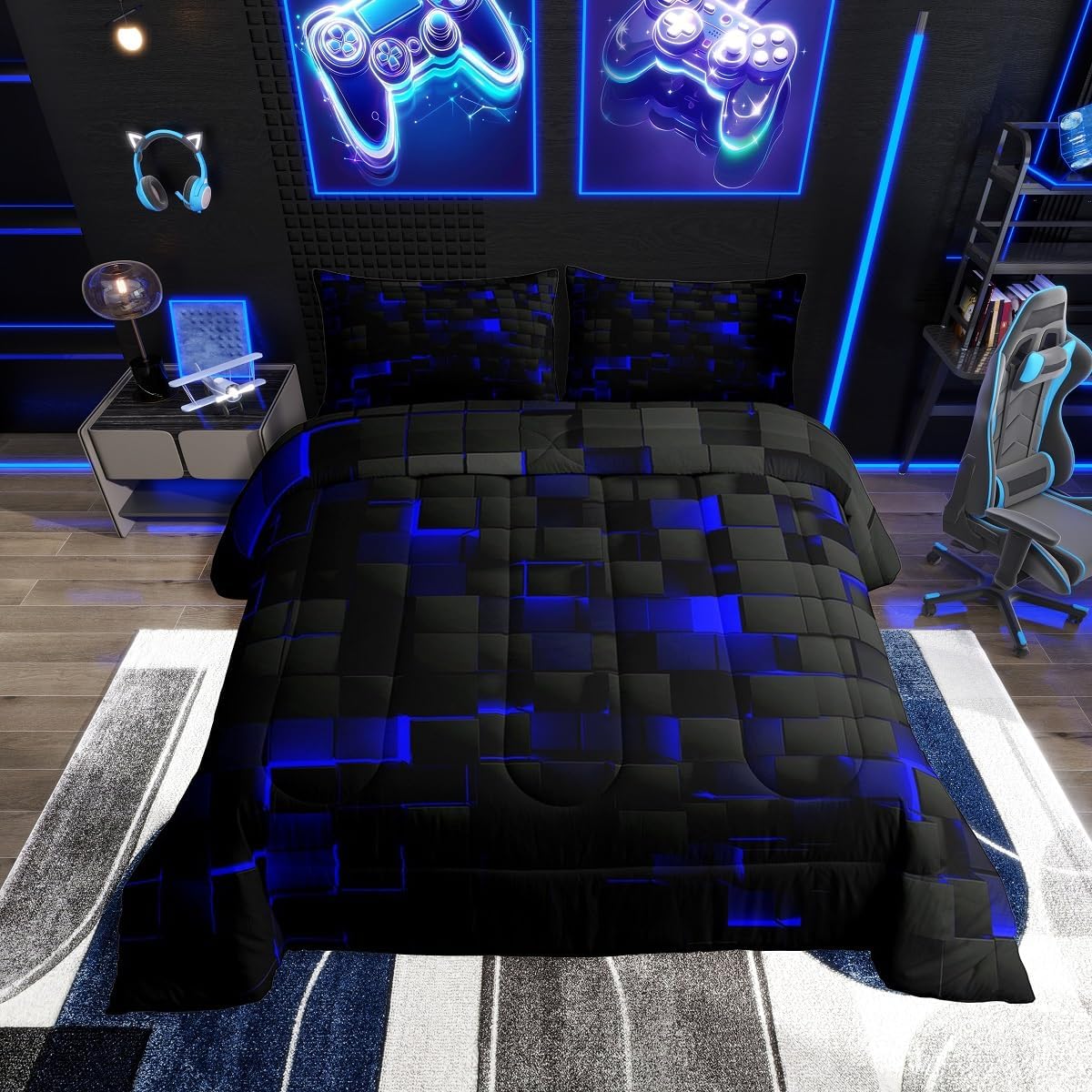 Erosebridal Black Navy Royal Blue Comforter Set King Neon Geometric Checkered Bedding Set for Teen Boys Gamer Room Decor,Abstract Stereoscopic Grids Quilt Square Plaid Check Bed Set 3 Pcs
