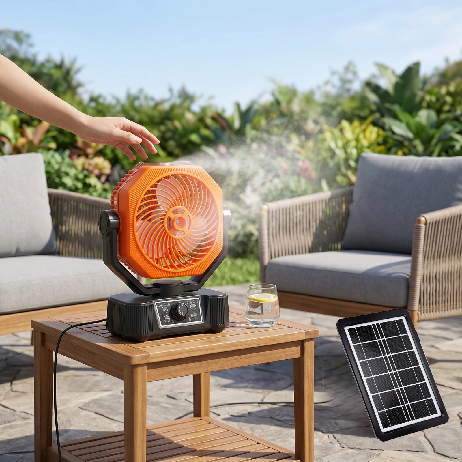 VBESTLIFE Ventilatore da Campeggio Nebulizzante, Pannello Solare con Scuotimento Automatico della Testa, Ventola di Raffreddamento a Basso Rumore con Luce LED, Alimentato a Batteria da 10000 MAh per