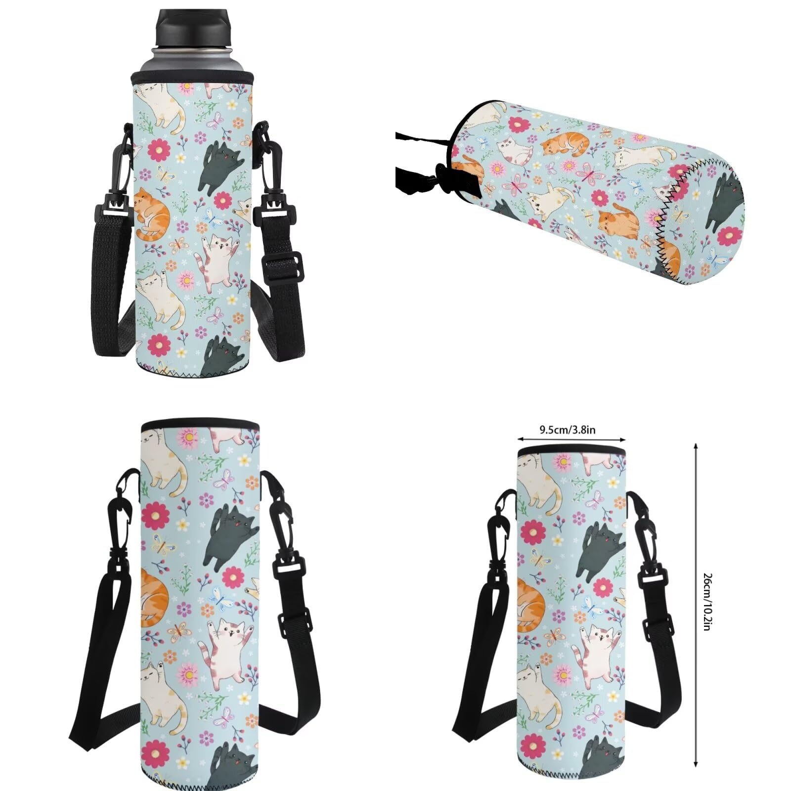 Kinder Rucksack Set 4-in-1 für Grundschule Mittelschule Schultasche mit Lunchbox Federmäppchen Wasserflasche Tasche für Mädchen Jungen, Hellblaue Katze mit Blumenmuster, Rucksack Backpacks