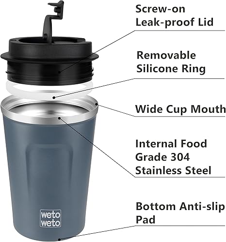 Miniatura 3 de WETOWETO Taza de café reutilizable de 12 onzas, taza de viaje de café con tapa, taza térmica a prueba de derrames, taza aislada de doble pared, taza