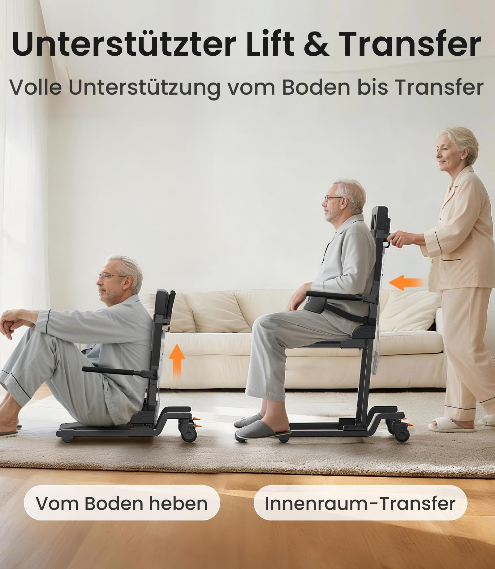 VOCIC AX35 Aufstehhilfe mit Transferfunktion, Rollen & Bremsen | Senioren Sturzhilfe Zuhause, Elektrischer Bodenlift Transferstuhl, Bett Sofa Rollstuhl, 4 Rollen Bremse kompakt 160KG