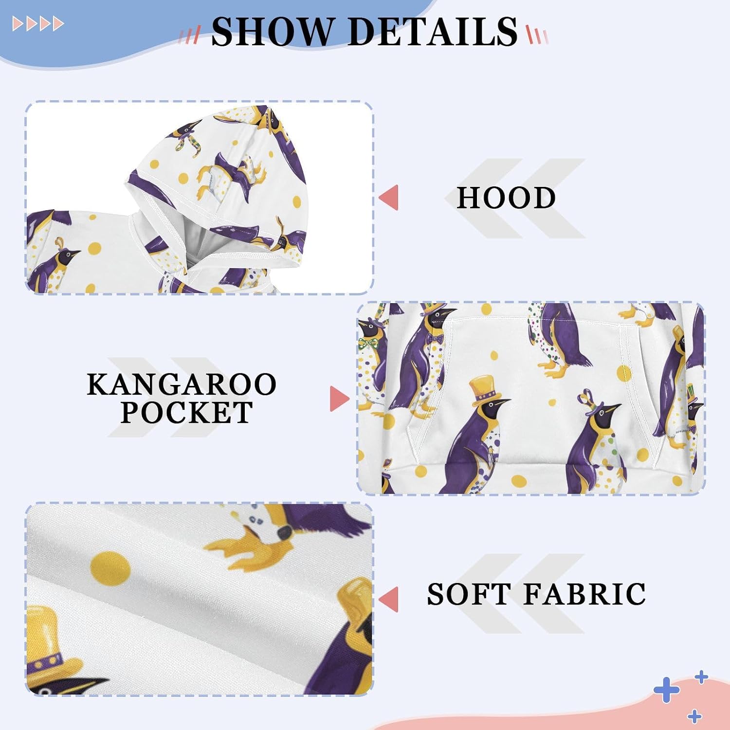ZZXXB Mardi Gras Penguin Pattern Kids Sweatshirts Boys Girls Hooded Kangaroo Pocket Pullover Tops XS-XXL