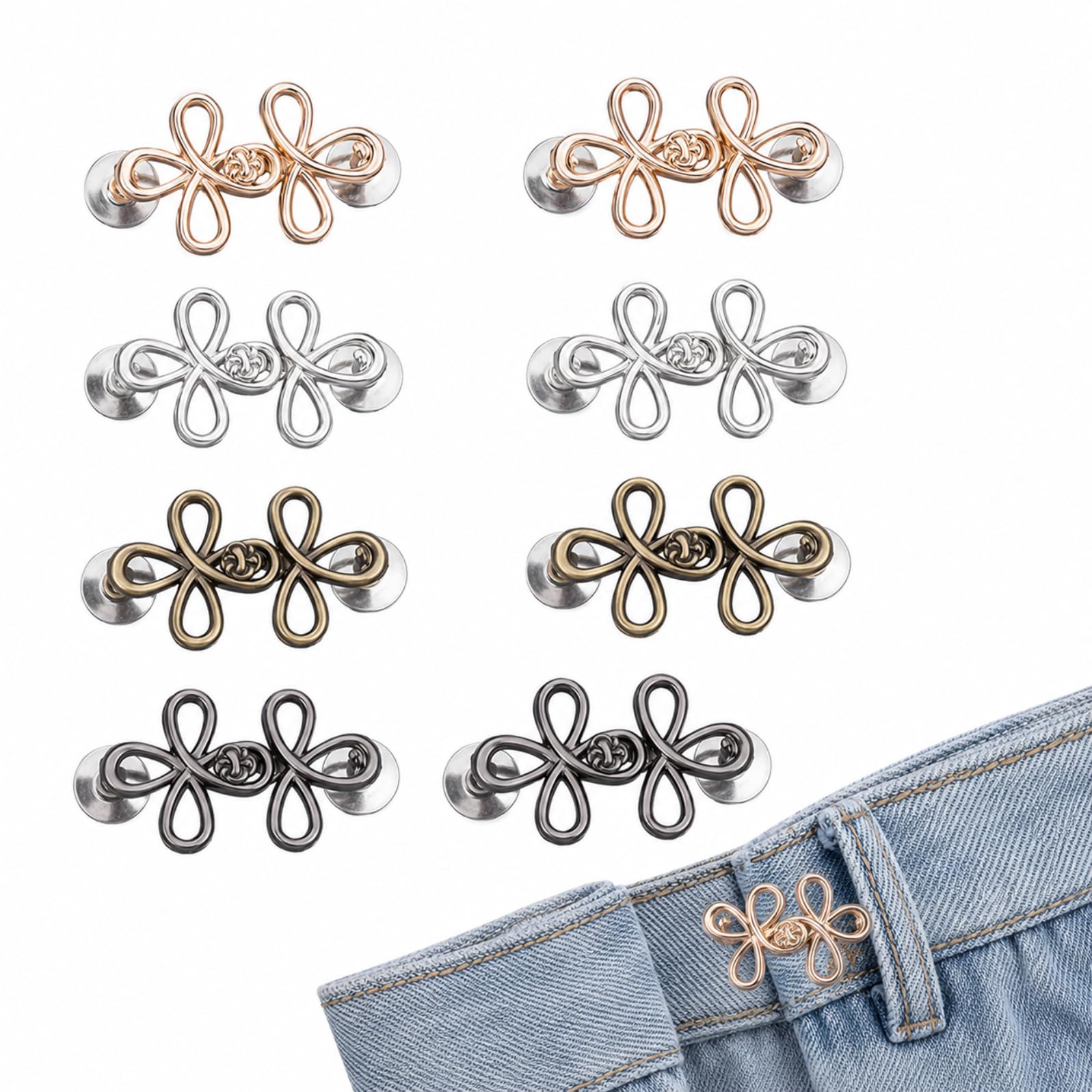 8 Pairs Waist Tightener Clips, No Sew Adjustable Jeans Waist Buttons Pins, Decorative Metal Waist Adjuster Clips for Loose Trousers Jeans Skirts Women Clothing