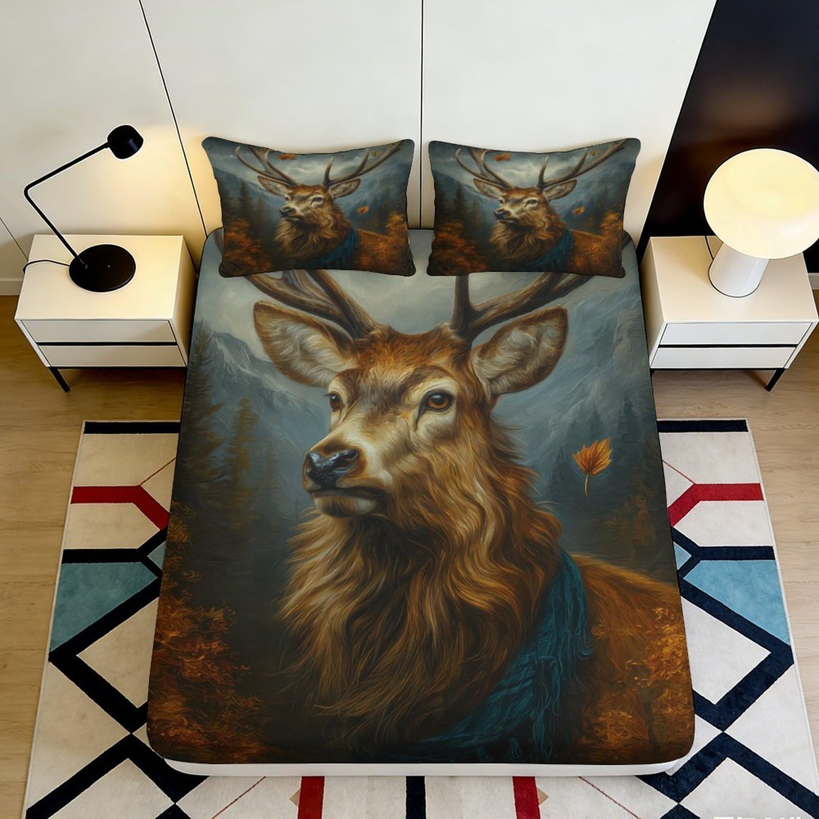 3D Printed Forest Deer Fitted Sheet Microfiber Soft Breathable Mountain Landscape Bed Cover for Bedroom Dorm Mattress Protection Decor 90x200x25cm