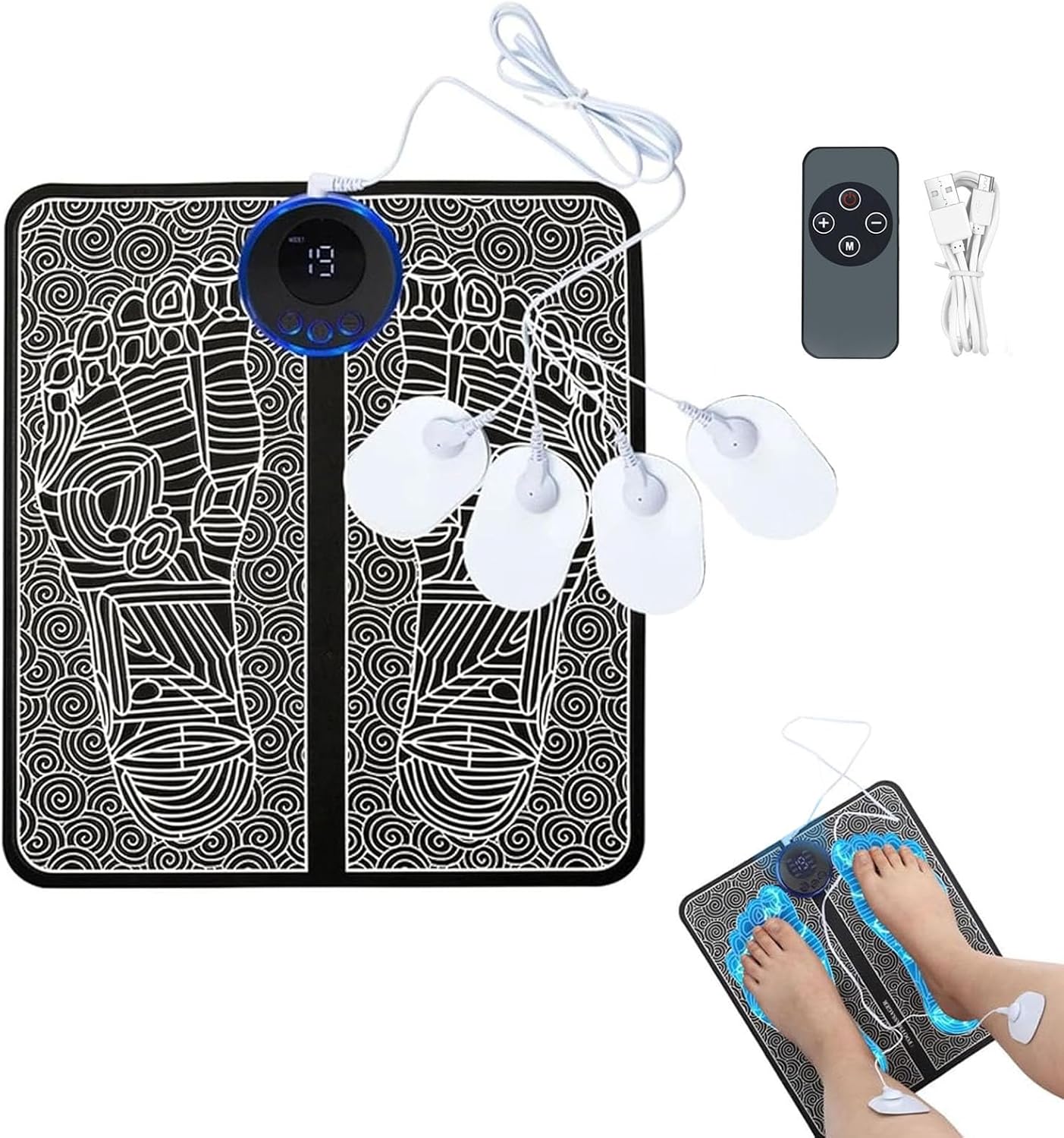 EMS Foot Plate for Swollen Legs - Muscle Stimulato Foot Massage Pad with 8 Modes & 19 Intensity Levels, Remote Control, USB Rechargeable Foot Relaxation Device for Home Use