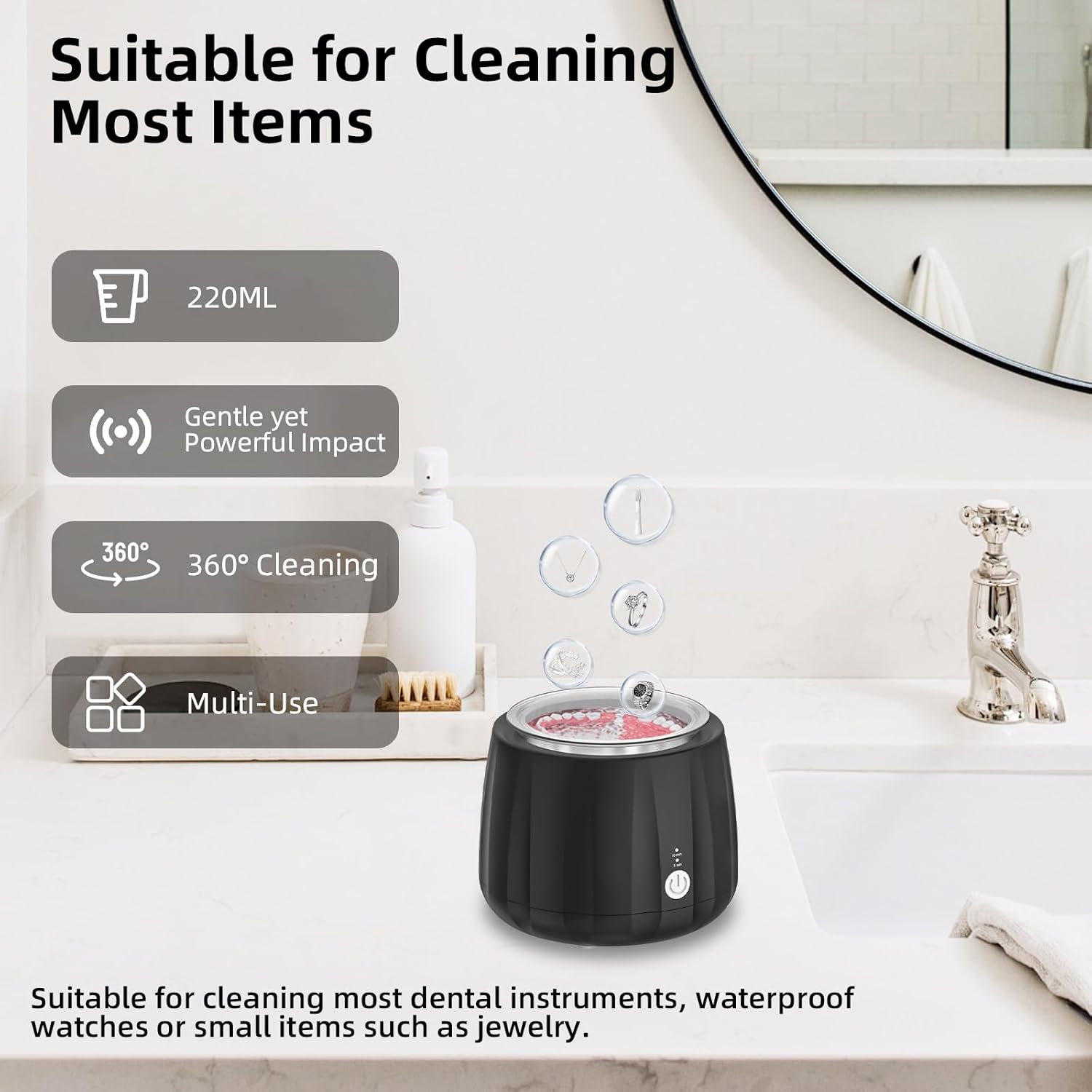 Ultrasonic Retainer Cleaner Machine.220ML Portable Denture Ultrasonic Cleaning Pod for Mouth Guard,Invisalign,Aligner.Professional Ultrasonic Cleaner for Jewelry and Ring.2 Clean Modes(Black)