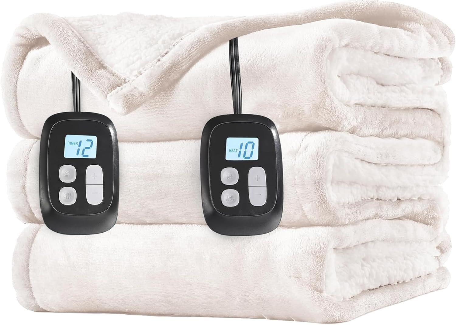 LaffyLo Electric Heated Blanket King Size 90 x 100, Dual Control, Fast Heating Blanket, Dual-Sided Flannel Sherpa, 10 Heat Settings, 1-12 Hour Auto Off, Machine Washable, White