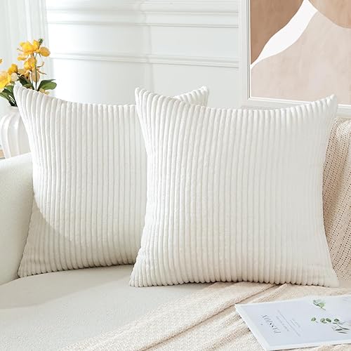 Miniatura 3 de OTOSTAR Paquete de 2 fundas de almohada de pana suave de 18 x 18 pulgadas, decorativas, cuadradas, sólidas, a rayas, para sofá, casa rural,