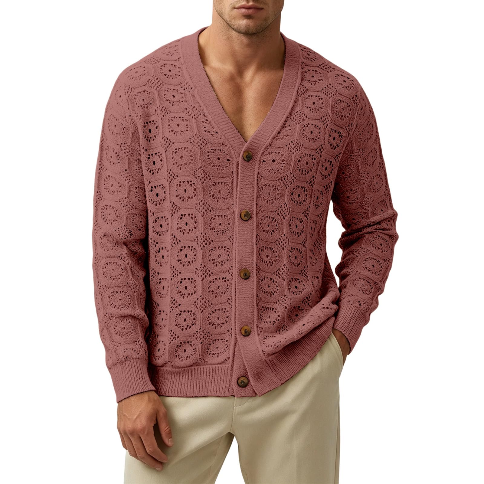 Cárdigan de Punto para Hombre de Corte Relajado con diseño Calado para Mayo
