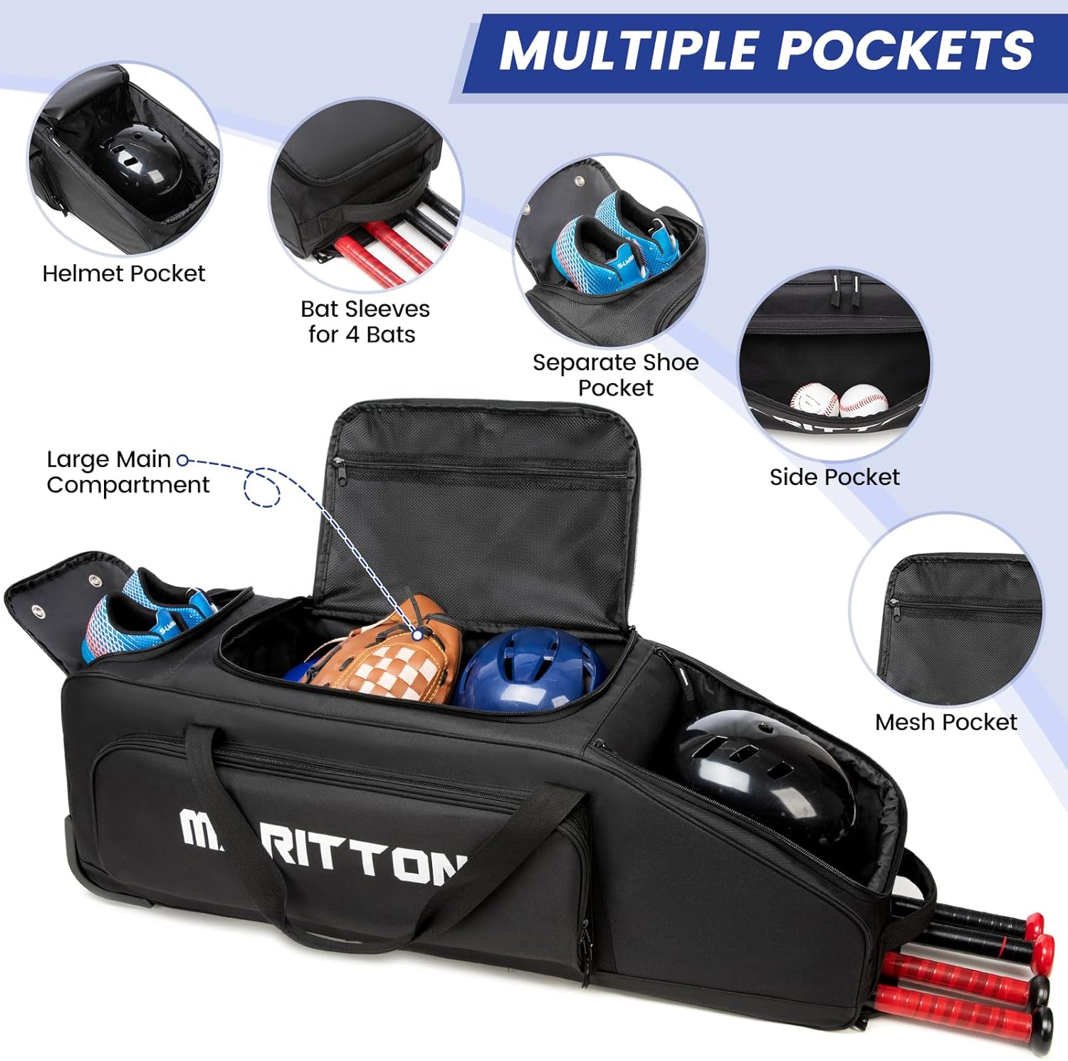 Rolling Baseball Catchers Gear Bag with Wheels, Large Baseball Softball Bag for 4 Bats with Shoe Compartment, Fence-Hooks and Multi-Pockets.