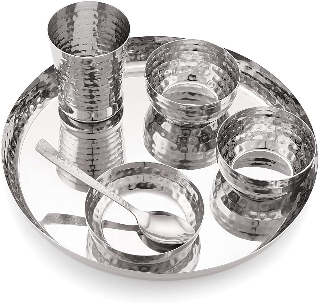 Attro Stainless Steel Solid Hammered Finish Dinner Set of 1 Thali, 1 Plate, 2 Bowl, 1 Glass, 1 Spoon (Thali Diameter 12 Inch)- Set of 6, Silver, Standard