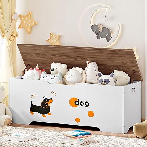 Miniatura 4 de HOOBRO Caja de juguetes, baúl de juguetes con 2 bisagras de seguridad, banco de almacenamiento de 47.2 pulgadas, baúl de almacenamiento de madera