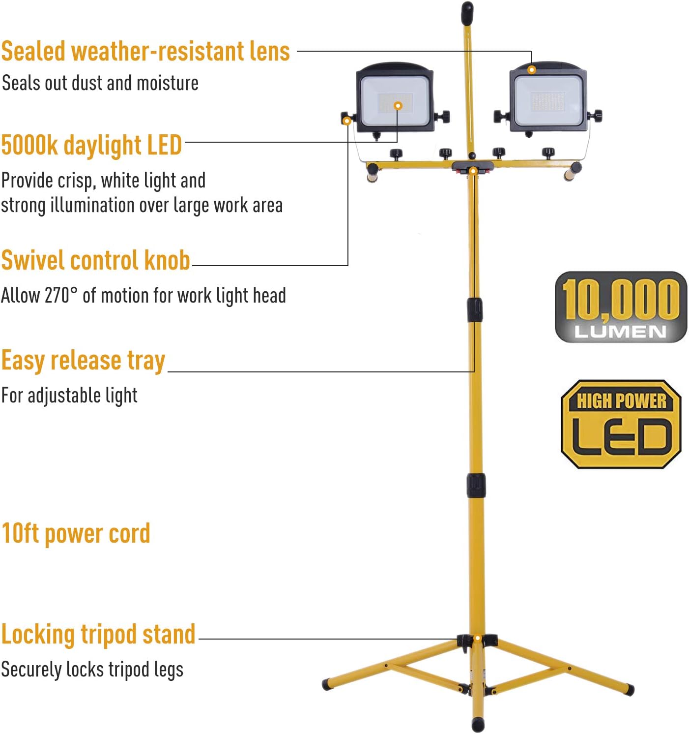 HOMCOM 10,000 Lumen Dual Head LED Work Lights with Stand, Weather Resistant Daylight with Telescoping Adjustable Tripod Stand, Rotating Lamps