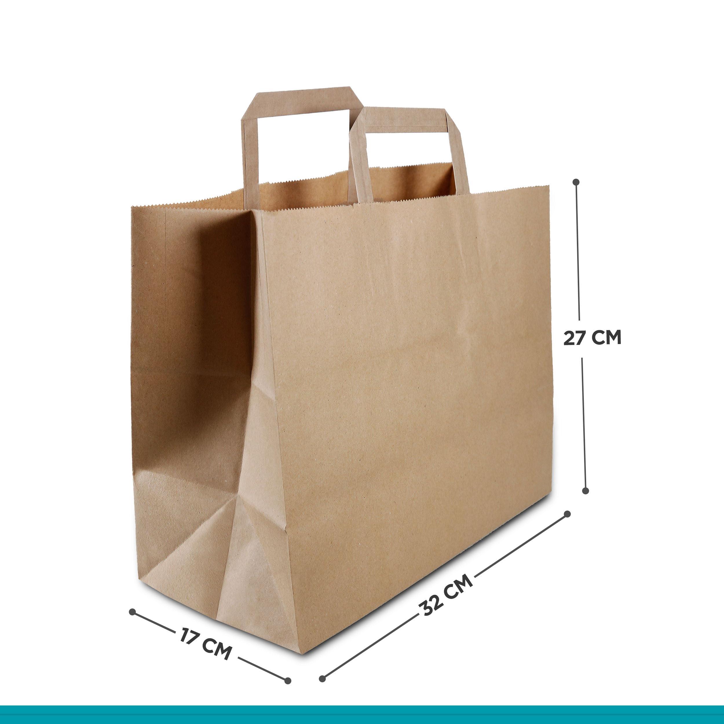 Commerline Bolsas de papel con asa, 32 × 17 × 27 cm, 500 unidades | Bolsas de papel kraft marrón con asas planas para panadería, venta al por menor, catering y restauración