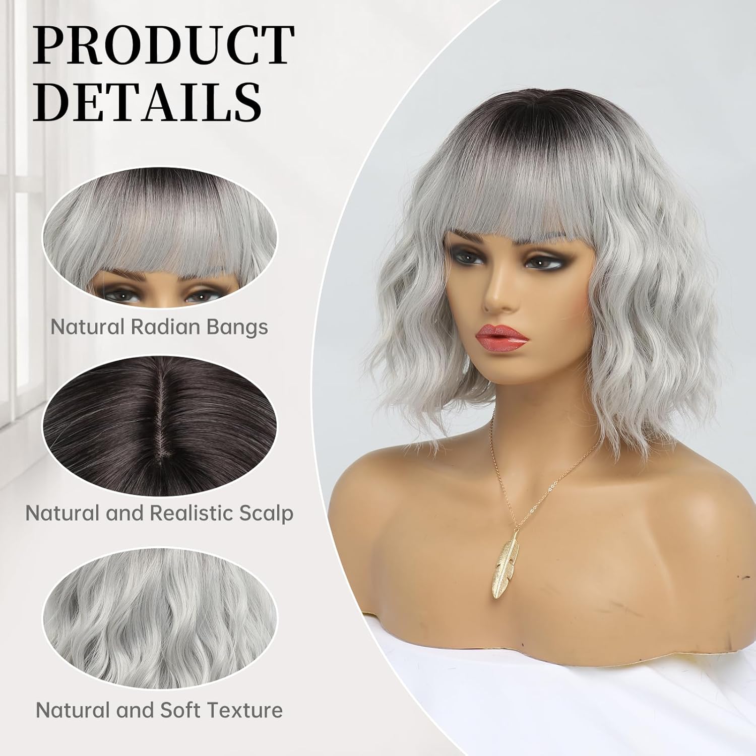 White Silver Wigs for Women Ombre Grey Wavy Bob Short Wigs with Bangs Medium Length Synthetic Hair Water Wave Dark Roots Wig Gray Colorful Wigs（14 Inches）